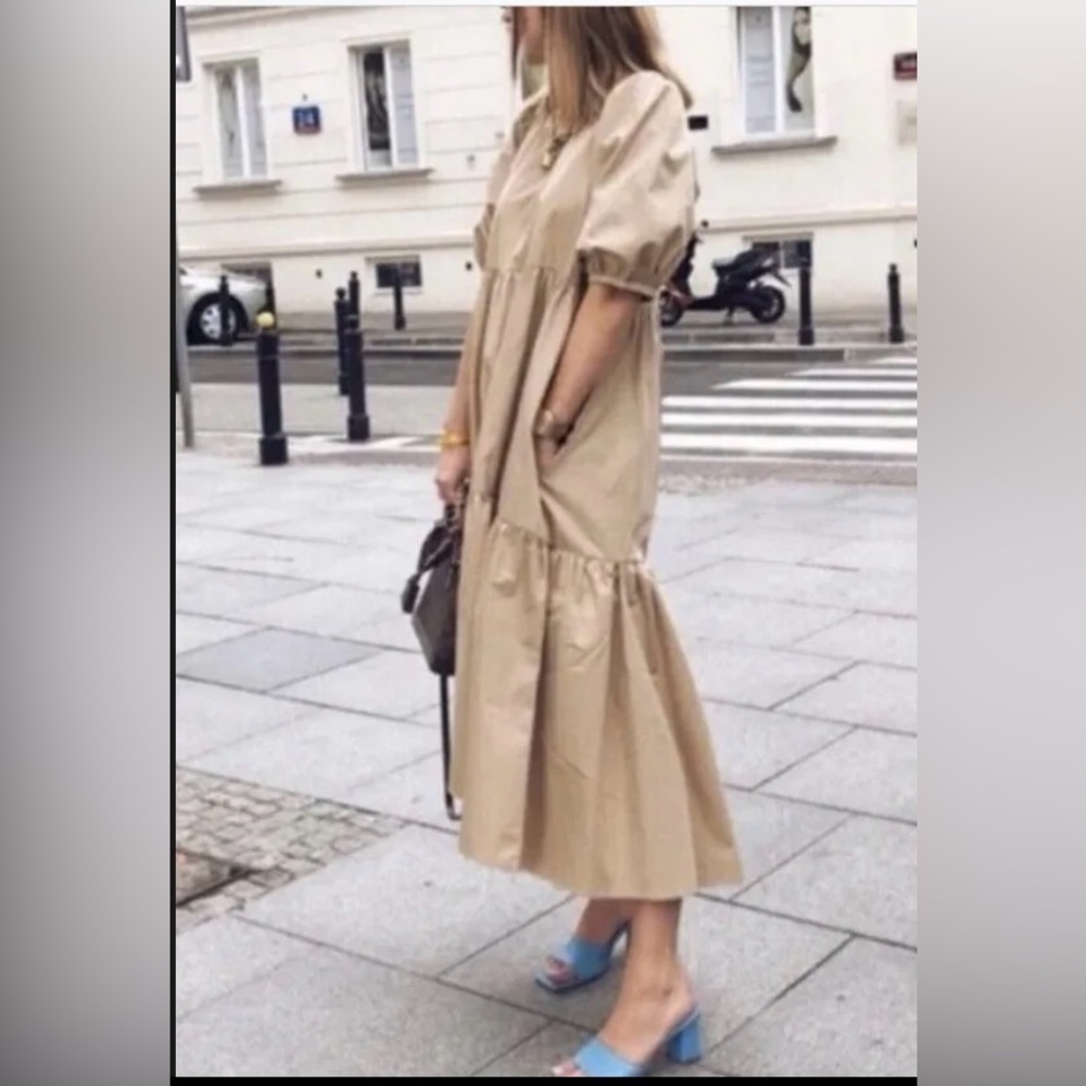 Zara Camel Tan Poplin Tiered Midi Dress Puff Sleeve Asymmetric Hem Pockets S - Picture 7 of 16